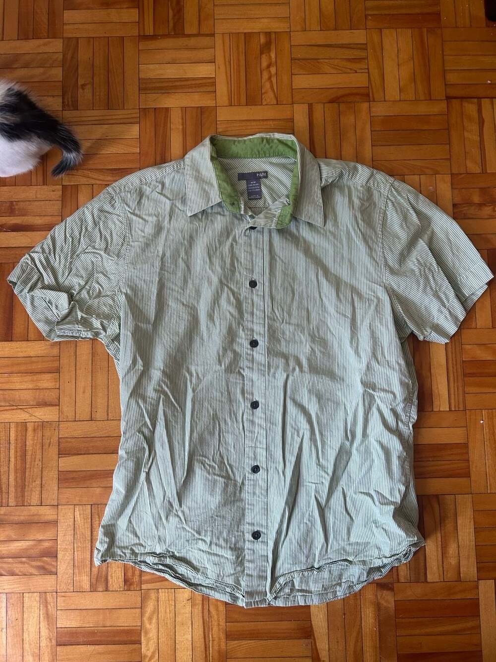 H&M Men's Green and White Pinstripe Short Sleeve Button-Down Shirt